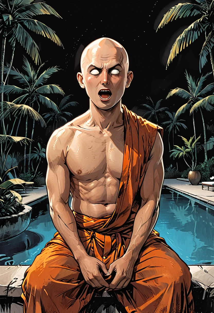 ((open mouth)),(night),portrait blind Buddhist monk sitting with open mouth next to the pool at the white hotel, tropical, palm, white hotel, pool, round face, white eyes, no eyebrows, no hair, bald, paw-eared, round cheeks, narrow lips, man, white sclera eyes, Whitewash Eyes, ((orange Kashaya)), graphic style of novel comics, perfect hands, 2d,
8k, hyperrealism, masterpiece, high resolution, best quality, ultra-detailed, super realistic, Hyperrealistic art, high-quality, ultra high res, highest detailed, lot of details, Extremely high-resolution details, incredibly lifelike, colourful, soft cinematic light,
