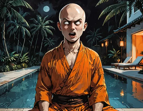 ((open mouth)),(night),portrait blind buddhist monk sitting with open mouth next to the pool at the white hotel, tropical, palm,...