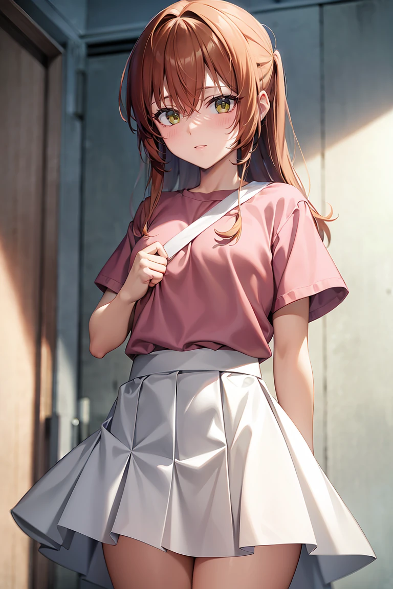 room, 1 girl, Best Quality, ultra high resolution, by the wide, Brown hair, Brown eyes, pink shirt, short sleeves, White skirt, pleated skirt, (mini skirt: 1.4), (lifting her skirt: 1.4). (forced to show her pussy: 1.5), (extremely embarrassed: 1.44), (annoyed: 1.4) ,under skirt, looking at the spectators, Little mom, standing, to throw, slim body,  body, 