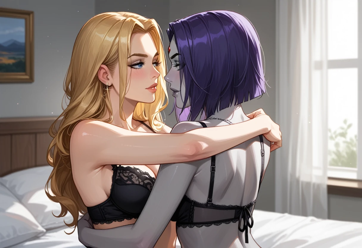 score_9, score_8_up, score_7_up, score_6_up, source_cartoon, adult women, yuri, couple, (2women), duo, BREAK adult, (Raven, grey skin:1.5), BREAK adult, (Terra_Markov from Teen Titans, blonde, long flowing hair:1.4), BREAK (bedroom, embracing, sexy black lingerie:1.3), BREAK shallow depth of field, highly detailed, bokeh, moody, epic, gorgeous, grainy, BREAK (ultra-detailed), (best illustration), (best shadow), (absurdres), BREAK (detailed background), (very aesthetic).