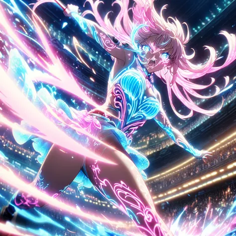 action scenes,battle,anime screenshots、 artistic anime illustration of a woman adorned with glowing neon magic tattoos all over ...