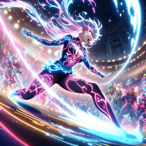 action scenes,battle,anime screenshots、 artistic anime illustration of a woman adorned with glowing neon magic tattoos all over ...