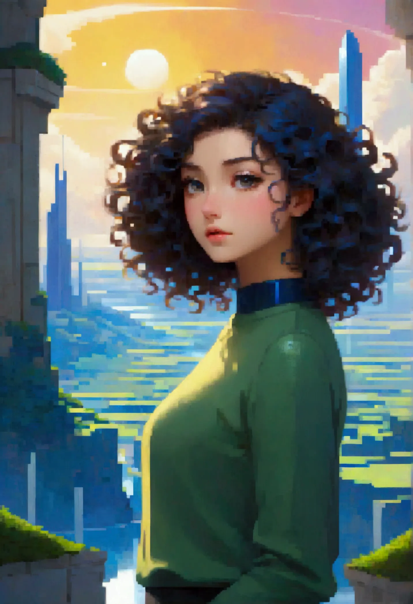 a woman and curly hair . ela se inspira na personagem jill stingray, with a look of determination and curiosity. she is wearing ...