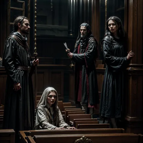 a grim courtroom scene during the inquisition.