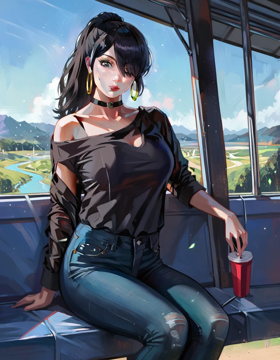 score_9, score_8_up, score_7_up, score_6_up, score_5_up, score_4_up, ((low depth of field)), , (beautiful landscape), BREAK woman sitting in a bus stand, 1girl, pale-skinned female, large breasts, grey eyes, black hair, ponytail hair, hair over one eye, hoop earrings, shirt, off-shoulder shirt, black topwear, jeans, looking at viewer, curious expression
