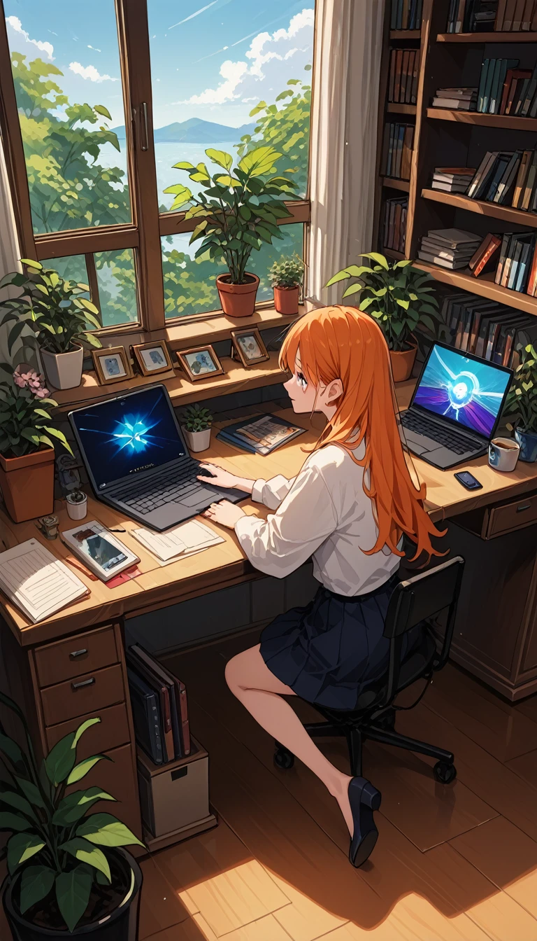 ((anime:1.4,illustration)),(masterpiece, top quality, best quality),(ultra-detailed, absolutely resolution),((16k, high res)). BREAK {lofi art, style of Laurie Greasley, style of Makoto Shinkai, anime aesthetic} BREAK {illustration of A girl is lying on her bed in a room, she is listening to music on her headphones and touching her cell phone, it is dark outside the window and the stars are shining, there are plants, a bed, a bookshelf, a study desk, a laptop computer, a coffee cup and a vase of flowers on the desk, the room is colorful with orange as the base color. A colorful room with a orange base}