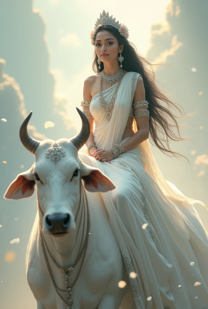 "Create an ultra-realistic image of the beautiful Goddess Mahagauri, seated gracefully on an enormous, pure white cow. Her skin should be fair and radiant, glowing with a soft, ethereal light that reflects her purity and divine nature. Her face should be serene and exquisitely beautiful, with large, compassionate eyes filled with peace and wisdom, and a gentle smile that radiates grace and tranquility. Her long, dark hair should flow elegantly, adorned with delicate flowers or a simple, divine crown.

Goddess Mahagauri should be dressed in a flowing white saree, symbolizing her purity and inner peace. The saree should be intricately embroidered with silver or gold patterns, reflecting her divine status. Her jewelry should be subtle yet elegant, including delicate necklaces, bangles, and earrings that add to her serene and regal appearance.

She should be seated on an extremely large, pure white cow, symbolizing purity, peace, and strength. The cow should have a calm and gentle demeanor, with a majestic and serene presence that complements the goddess's divine nature. The background should be a tranquil, celestial landscape, with soft, glowing light and subtle, ethereal elements like clouds or lotus petals, enhancing the peaceful and divine atmosphere.

The overall image should capture the essence of Goddess Mahagauri’s supreme beauty, purity, and divine grace, with the giant white cow emphasizing her connection to peace and spiritual strength. The image should be highly realistic and detailed, embodying the divine serenity and power of Goddess Mahagauri."