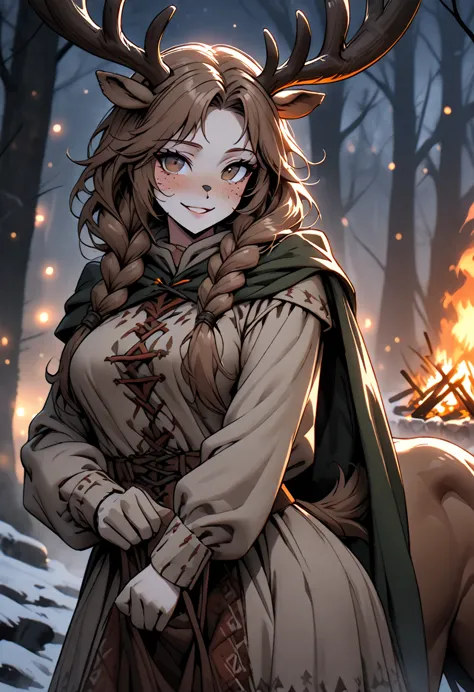 solo:1.4, female, close up, long brown hair, wild hair, deer antlers, huge woman, brown eyes, cape and winter clothes, winter, f...