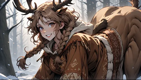 solo, female, close up, long brown hair, wild hair, deer antlers, huge woman, brown eyes, cape and winter clothes, winter, fores...