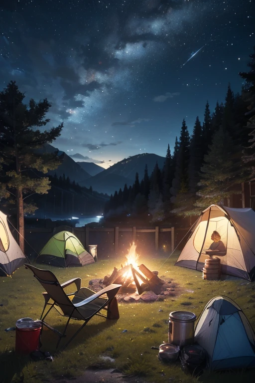 8k,Extremely detailed, masterpiece,High resolution,Highest quality,Increase the resolution,Cinema Lighting,Different space，Ultra Wide Angle，A girl is camping alone、Solo Camping，Pop-up tent，Simple fire pit，Small bonfire，Canned food，vision，Milky Way