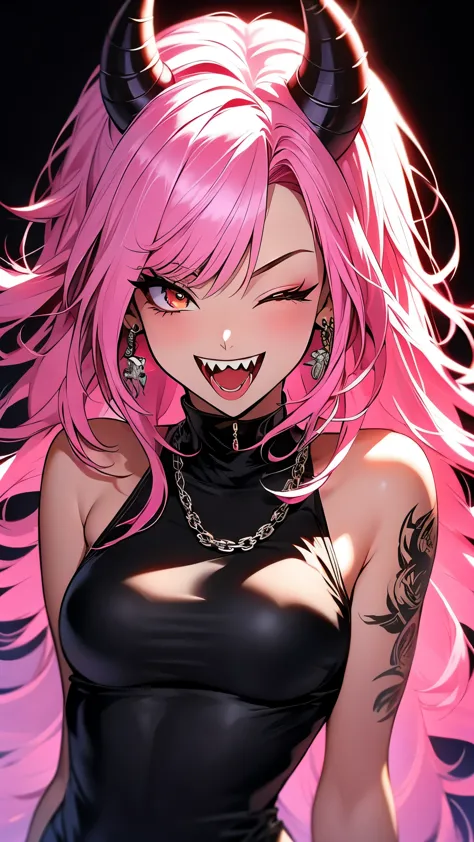 1girl, long detailed hair, horns, pink hair, bangs, smile, open mouth, teeth, sharp teeth, fangs, earrings, one eye closed, look...