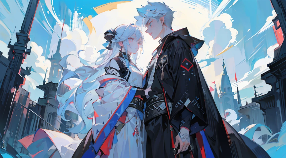 (wide wide shot, Faraway view), (1 boy, 1 little girl)，Husband and wife，((Upper part of the body)), sharp looking blue eyes，Sharp pupils，white spiky hair，He  wearing a black noble robe，Hugging and kissing his lovely wife intimately（（4 face））