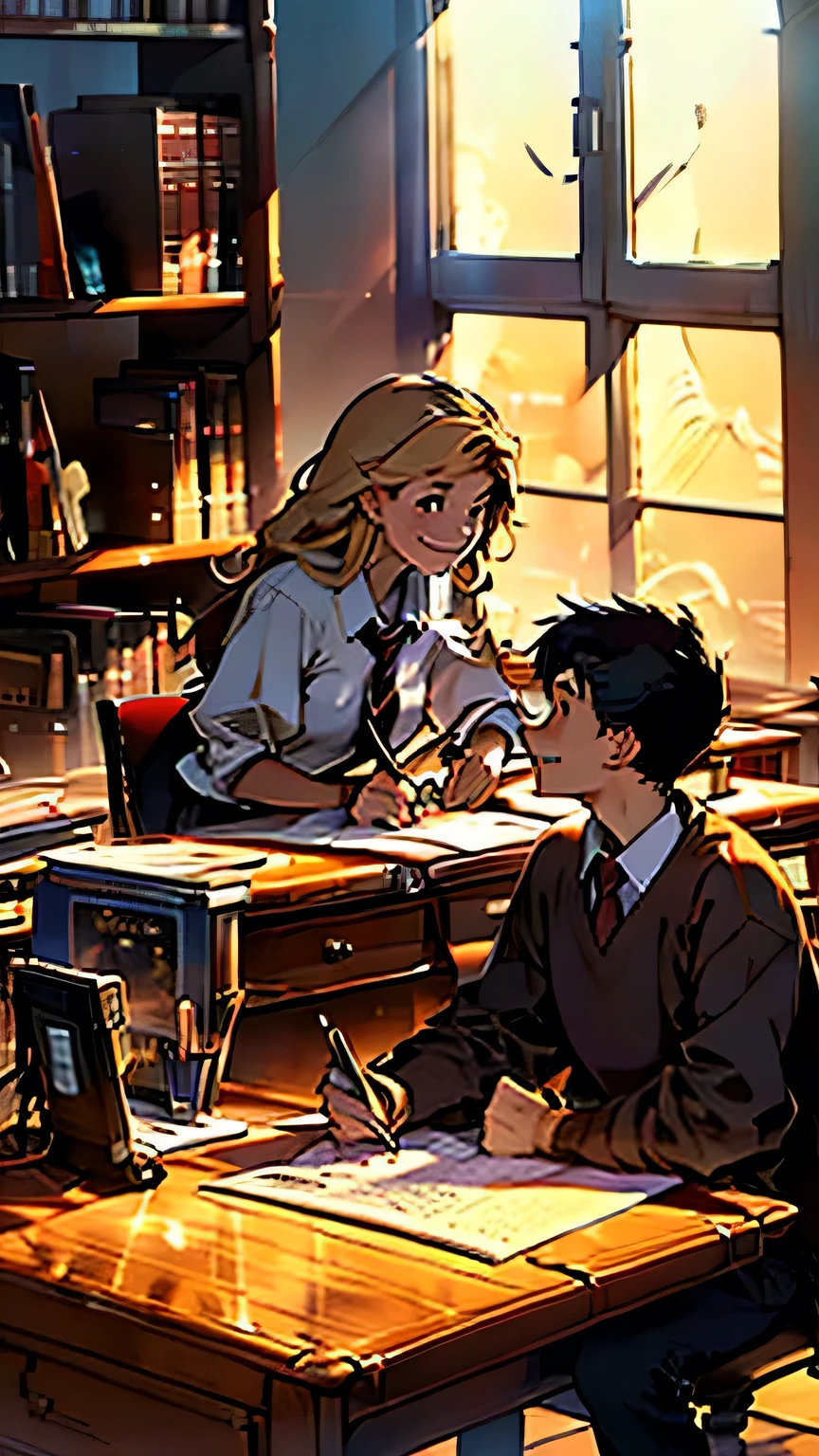 Create an anime-style image set in a bright and cozy library. The scene features two high school students, a boy and a girl, sitting side by side at a wooden desk. The boy is wearing a cutter shirt with a tie and pants, while the girl is dressed in a sailor-style uniform with a skirt. They are sitting side by side, with open books spread out on the desk in front of them, studying together. Both students are holding pens, writing something in their notebooks while looking at the books on the desk. They are smiling and enjoying each other's company. The scene is viewed from the front, showing their faces and the warm, soft light illuminating the space, creating a cheerful and pleasant atmosphere. In the background, large windows reveal a clear summer sky with vibrant blue colors, enhancing the fresh and lively ambiance. The bookshelves filled with books further emphasize the library setting.