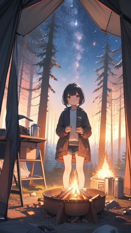 8k,Extremely detailed, masterpiece,High resolution,Highest quality,Increase the resolution,Cinema Lighting,Different space，Ultra Wide Angle，Wide angle of view，One girl，Short Bob，smile，Solo Camping，Pop-up tent，Simple fire pit，Small bonfire，Canned food，Milky Way