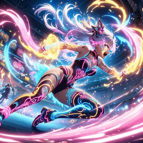 action scenes,battle,anime screenshots、 artistic anime illustration of a woman adorned with glowing neon magic tattoos all over ...