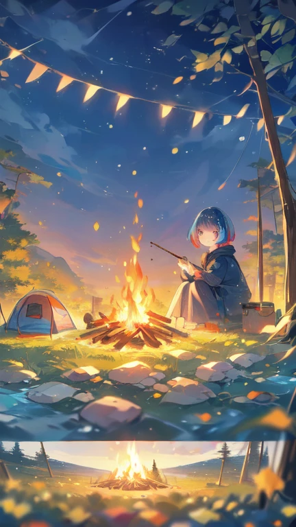 8k,Extremely detailed, masterpiece,High resolution,Highest quality,Increase the resolution,Cinema Lighting,Different space，Ultra Wide Angle，Wide angle of view，One girl，Short Bob，smile，Solo Camping，Pop-up tent，Simple fire pit，Small bonfire，Canned food，Milky Way，Above Jupiter，Different world，Colorful Earth