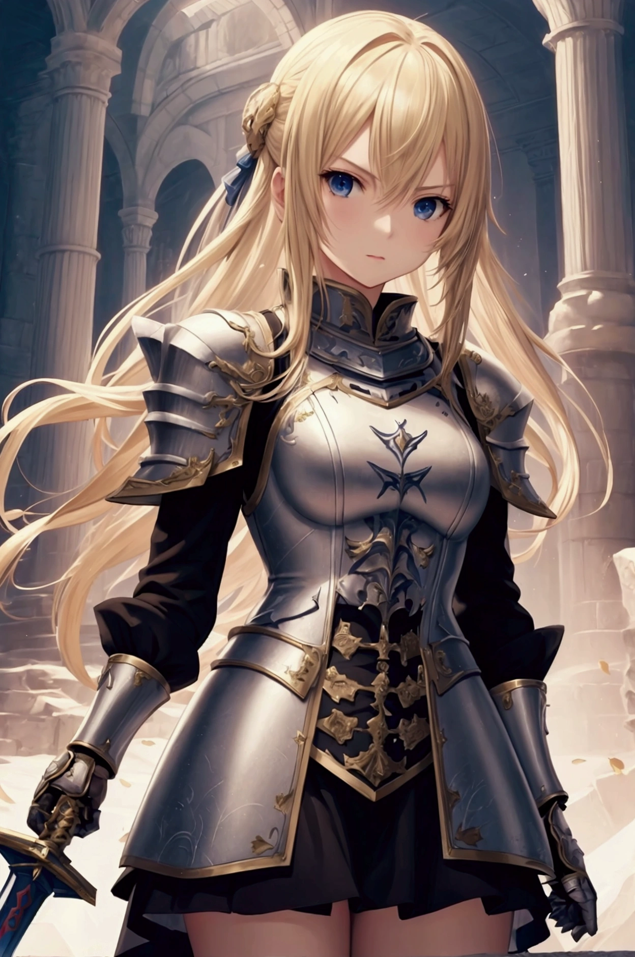 Game theme Final Fantasy. A blonde girl standing，Image of her favorite sword in hand , Soft colors, With a dramatic tone. A masterpiece in the highest resolution , Image type Semi-realism