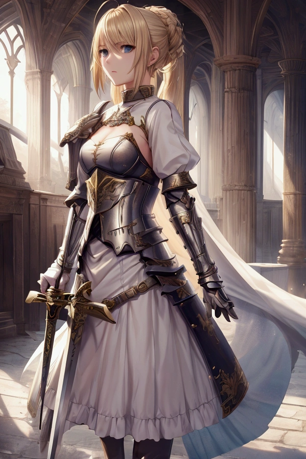 Game theme Final Fantasy. A blonde girl standing，Image of her favorite sword in hand , Soft colors, With a dramatic tone. A masterpiece in the highest resolution , Image type Semi-realism