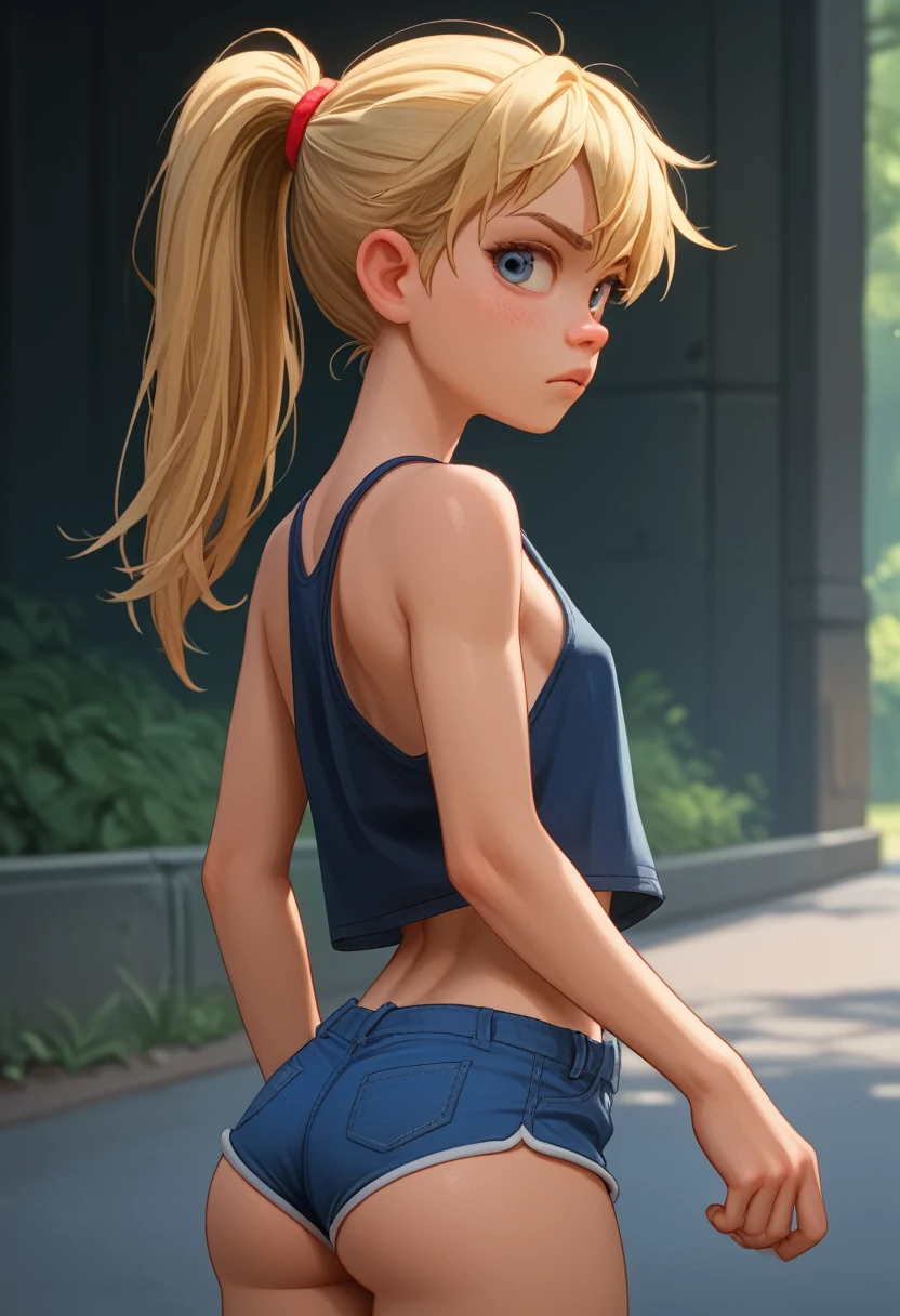 score_9, score_8_up, score_7_up, score_6_up, score_5_up, score_4_up, ri_ley2, 1 girl, ponytail, blonde hair, skinny, , looking at viewer, very lewd, tank top, short shorts, big ass, juicy ass