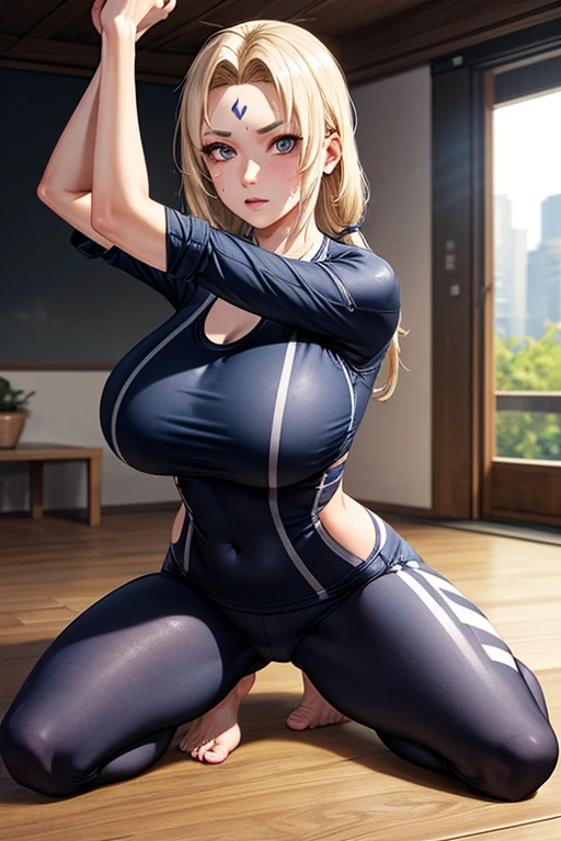 masterpiece, Highest quality,  (Unreal Engine), reality, Super Resolution,  Very detailed, Complex, colorful, Clear images, Sharp focus, Digital Blending, 

One Woman, Senju Tsunade, Tsunade, Forehead mark, long, straight blonde hair, Big Breasts, Saggy breasts, Butt, Perfect Eyes, Perfect Face, Ultra detailed hair, Ultra detailed face, Very detailed lips, Vivid expression, Healthy Body, Beautifully detailed sweat glands, Smooth skin texture, Carefully drawn,

((humidity:1.3), Sticky with sweat), (Wear a tight yoga suit, Bold and sexy yoga poses ,Hot Yoga, Sweat makes your yoga wear transparent),  

indoor, Hot Yoga, (Shot on Sony α9, Dynamic Angle), Browsing Caution, 