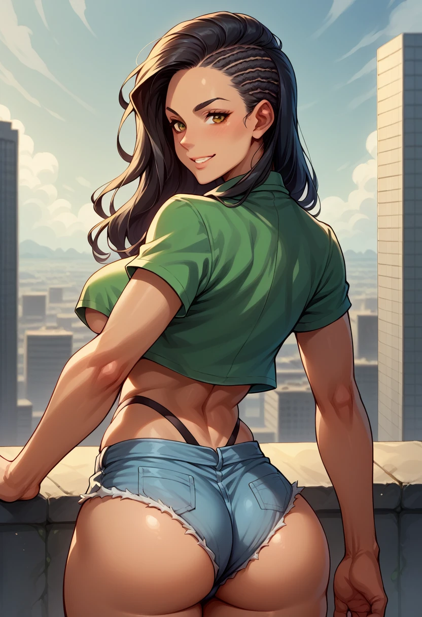 score_9, score_8_up, score_7_up, BREAK, score_9, smile, dark skin, LauraStory, asymmetrical hair, cornrows, green cropped shirt, underboob, denim short shorts, highleg panties, panty straps, looking at viewer, cowboy shot, ass, from behind, sky, city