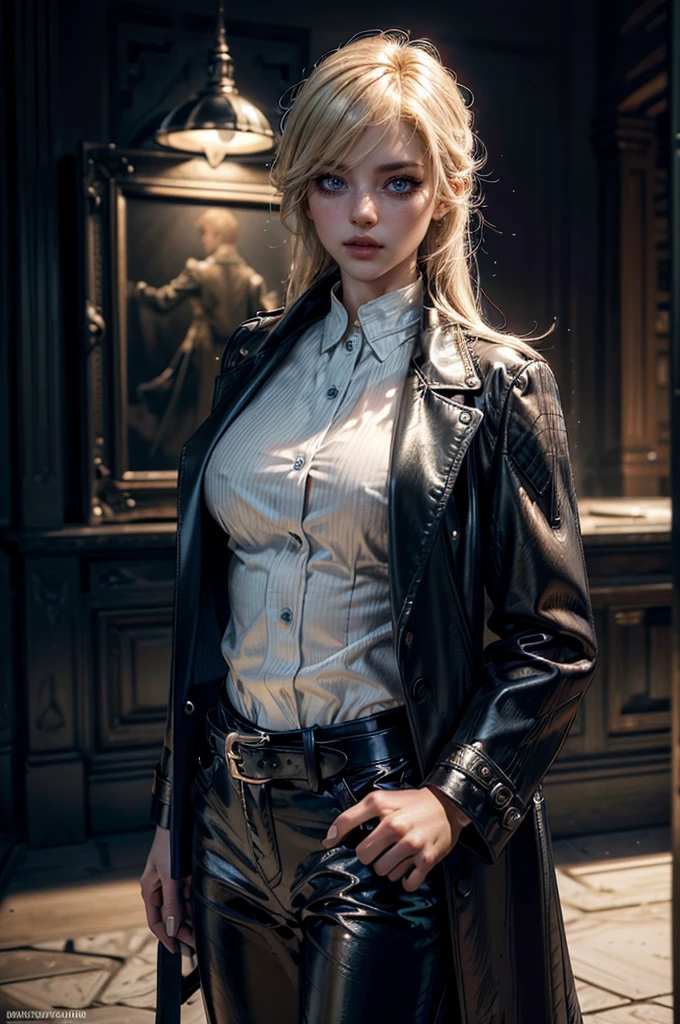 cowboy shot,a pretty 2 girl,blond hair,blue eyes,lora_Emma,slim athletic body,tight and stretched white blouse with buttons,button gap,short sleeves,ultra low rise black shiny latex pants,(double metal belt),empty studiobackground,((black coat on shoulders)),(best quality,4k,8k,highres,masterpiece:1.2),ultra-detailed,(realistic,photorealistic,photo-realistic:1.37),dramatic lighting,cinematic,fashion photography,studio lighting,high contrast,vivid colors,beautiful detailed eyes,beautiful detailed lips,extremely detailed eyes and face,long eyelashes, touching hair