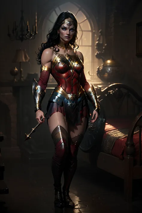 create a vivid, warm-colored hq-style image of wonder woman in her bedroom at night. the scene should depict wonder woman in a f...