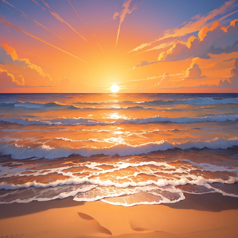 (masterpiece, best quality:1.1), (round logo:1.05), a sunset on the beach, orange sky, waves, picturesque, serene, relaxing, warm, sea breeze, sand, gradient background, simple background