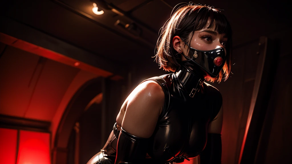 a very beautiful and very thin girl, wears black underwear with tights and latex face mask. Dark room with only red neon lighting. lot of details, extremely realistic. good quality, 8k