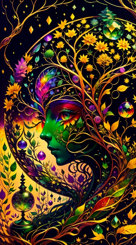 plant girl，vine princess，witch of thorns，beautiful line art photo，use money color brushstrokes and rainbow paint，money，yellow mo...