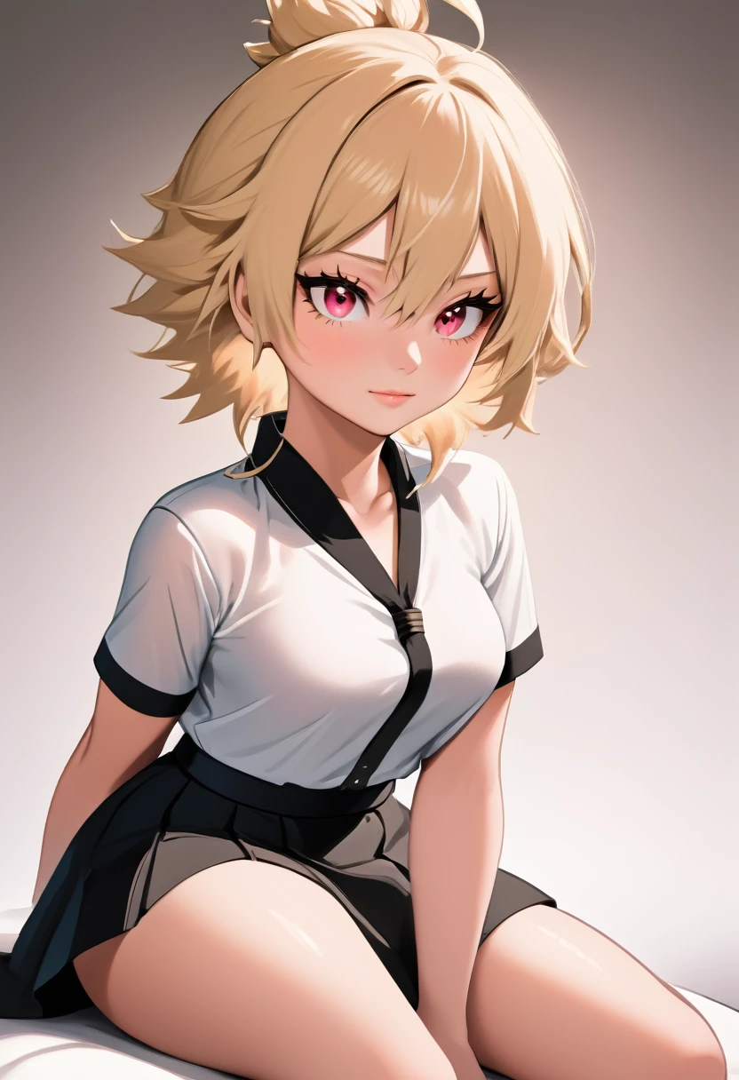 (Mitsuki bakugou),(from BNHA),(Mitsuki is a woman with a beautiful structural body, what stands out in her appearance are her large breasts. Mitsuki is middle-aged and has blonde hair and red eyes.),(Wearing),+,(**Female traditional Japanese school uniform, black and white, short and fitted, revealing the student's delicate and erotic figure** *Short, transparent blouse, with high collars and short sleeves, exposing small, firm, white breasts, surrounded by deep, seductive necklines* *Tight and short skirt, hugging the girl's narrow hips, highlighting her round and firm ass; the skirt is cut to show the slit between the legs, creating a lascivious effect* *Thin, slender waist, with a tight black belt around it, highlighting the soft curve of the hips and delicate knees* *Short, tight pants, revealing long, thin thighs, ending in white socks that go up to the knee, exposing part of the ankles and slender toes* *Low black sneakers, with a short heel, highlighting the girl's tiny height; short, straight brown hair, tied in a traditional bun, exposing the delicate nape of the neck* *Large, seductive brown eyes, with short, thick eyelashes; small, pink mouth, with thin, sensual lips curved in a provocative little smile* *The student's entire figure is a perfect combination of innocence and eroticism, with every detail of the uniform revealing more of her smooth and desirable body to be explored and possessed.*)