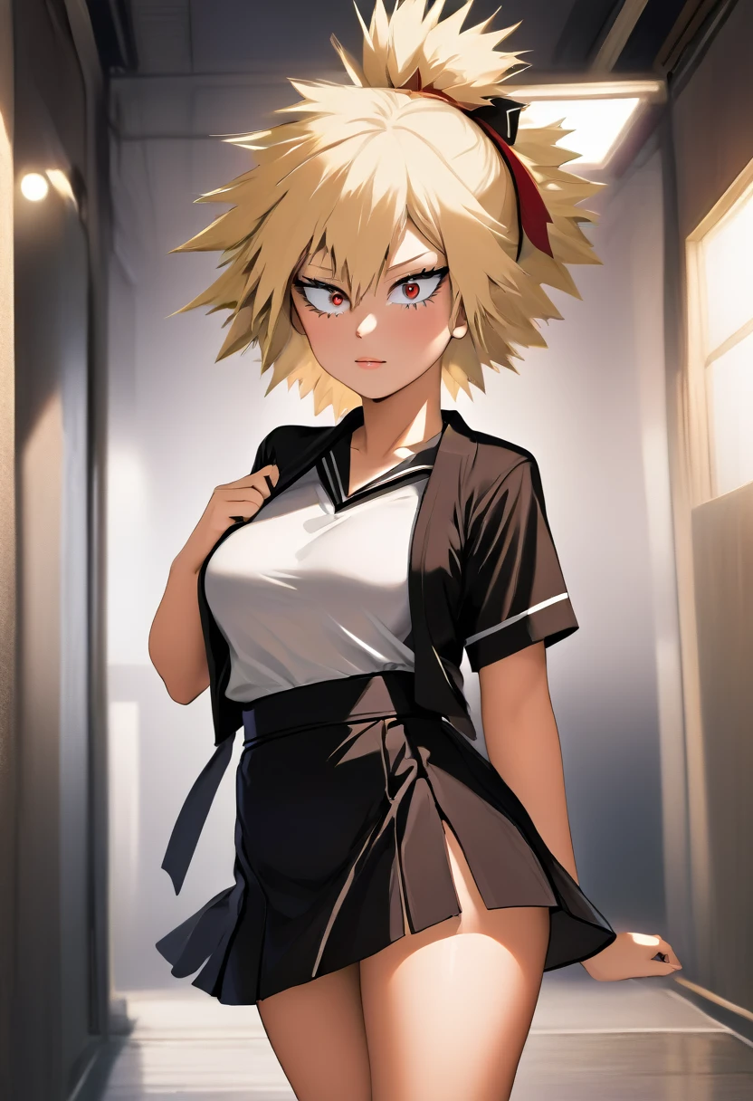 (Mitsuki bakugou),(from BNHA),(Mitsuki is a woman with a beautiful structural body, what stands out in her appearance are her large breasts. Mitsuki is middle-aged and has blonde hair and red eyes.),(Wearing),+,(**Female traditional Japanese school uniform, black and white, short and fitted, revealing the student's delicate and erotic figure** *Short, transparent blouse, with high collars and short sleeves, exposing small, firm, white breasts, surrounded by deep, seductive necklines* *Tight and short skirt, hugging the girl's narrow hips, highlighting her round and firm ass; the skirt is cut to show the slit between the legs, creating a lascivious effect* *Thin, slender waist, with a tight black belt around it, highlighting the soft curve of the hips and delicate knees* *Short, tight pants, revealing long, thin thighs, ending in white socks that go up to the knee, exposing part of the ankles and slender toes* *Low black sneakers, with a short heel, highlighting the girl's tiny height; short, straight brown hair, tied in a traditional bun, exposing the delicate nape of the neck* *Large, seductive brown eyes, with short, thick eyelashes; small, pink mouth, with thin, sensual lips curved in a provocative little smile* *The student's entire figure is a perfect combination of innocence and eroticism, with every detail of the uniform revealing more of her smooth and desirable body to be explored and possessed.*)