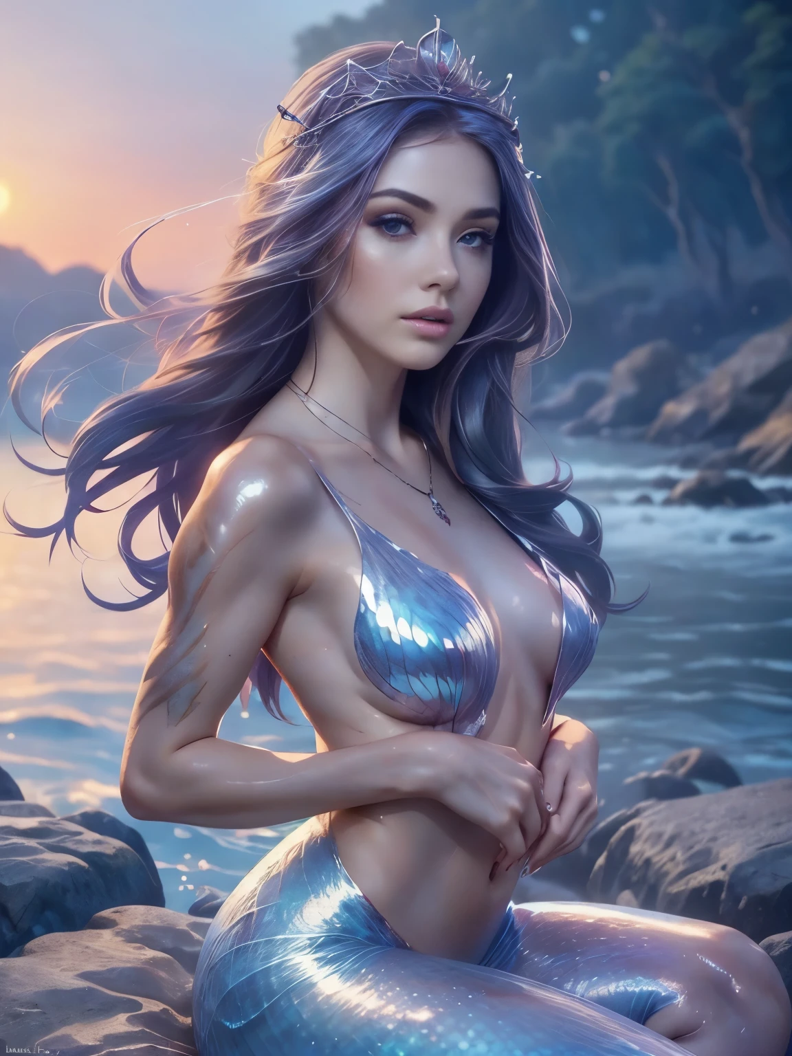 glamorous fantasy, fashion photo, perfect girl, 1 girl with messy purple hair, skinny, mermaid girl sitting on rock near sea, mermaid body and tail with shiny scales, pure eyes, makeup, details, higly detailed, Fashion Magazine, sunset, rim light, cinematic lighting, (burn scar on the right side of the face:1.3), (burn scar on the right side of the body:1.3), (clear left side of the body:1.2), hair over right eye, ((disheveled hair)), stands half-turned, no underwear, full height, abs, fit girl, (great proportion:1.2), (mediuml breast:1.2), 8k, tiara, necklace, face
