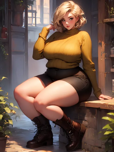 solo girl plump , curvy , thic blonde woman wearing , sweater , shorts and boots