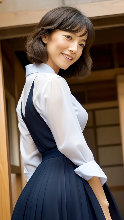 Highest quality, masterpiece, Ultra-high resolution, (Realistic:1.4), RAW Photos, ((((Angle from below):1.3))), One Mature Woman, , 40 year old Japanese housewife, Realistic facial wrinkles、((small, Under a navy blue pleated long skirt、Perky ass in chic panties, Wear a see-through dress shirt)), An innocent smile, ((The smile of an ordinary Japanese woman, very beautiful big black round eyes, Very beautiful black short hair):1.1), Very beautiful white skin, Very beautiful thighs, Very beautiful legs, Walk towards here、((Detail of big ass in chic panties):0.8), ((Elegant navy blue pleated long skirt):1.1), ((Sheer dress shirt details):1.1), ((A dress shirt made in Japan with attention to detail):0.8)