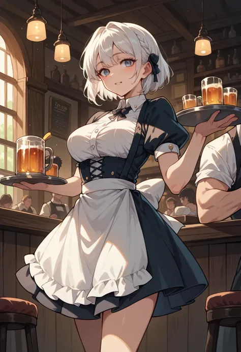 white haired girl waiter in a tavern