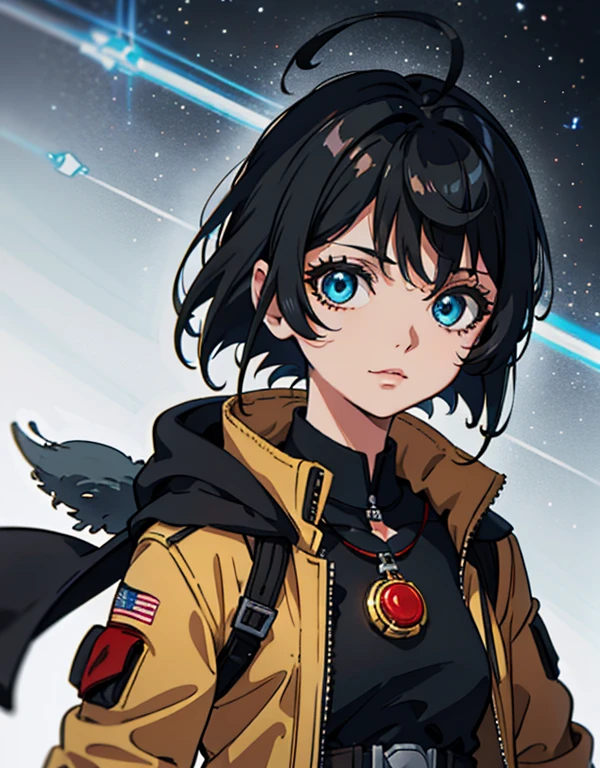 (high-quality, breathtaking),(expressive eyes, perfect face) Symmetrical Eyes, portrait, Star Wars Universe, 1girl, female, adult, mechanic, punk jacket, shirt, short sleeved, gloves, pants, belt, wrench, crystals, messy hair, black hair color, brown eye color, short hair length, stylized hairstyle, pixie haircut, tall, technician outfit, engineer, sci fi workshop background, work bench, tools, mature, narrow eyes, dog tag necklaces, soft smile, soft eyelashes, age 28
