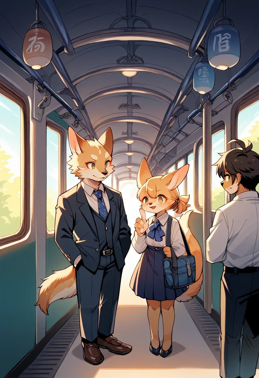 rating_safe, score_9, score_8_up, score_7_up, score_6_up, score_5_up, score_4_up, hires, source_furry(kemono, boy, girl)station, train, salary, suits, evening, perfect anatomy, good lighting,