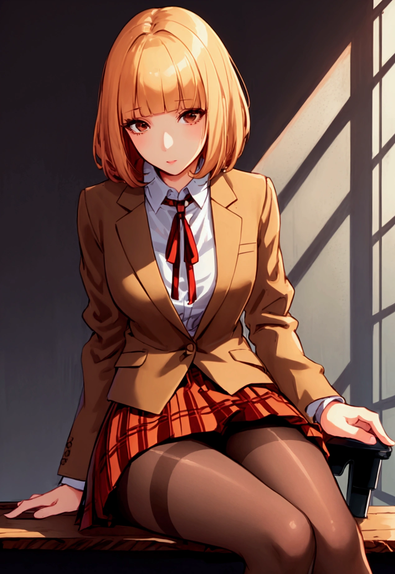 (masterpiece,best quality, detailed), 1girl, solo, linked fence, from below, eyelashes, sitting on table, midorikawa hana, brown jacket, neck ribbon, collared shirt, , plaid skirt, absolute black pantyhose, loafers