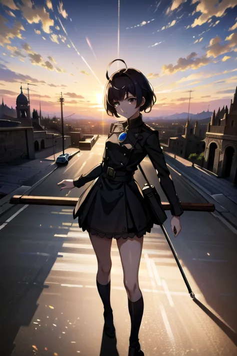 (masterpiece, best quality:1.3) 
moirare, 1girl, solo, short hair, ancient roman amphitheater, sunset, majestic and timeless wit...