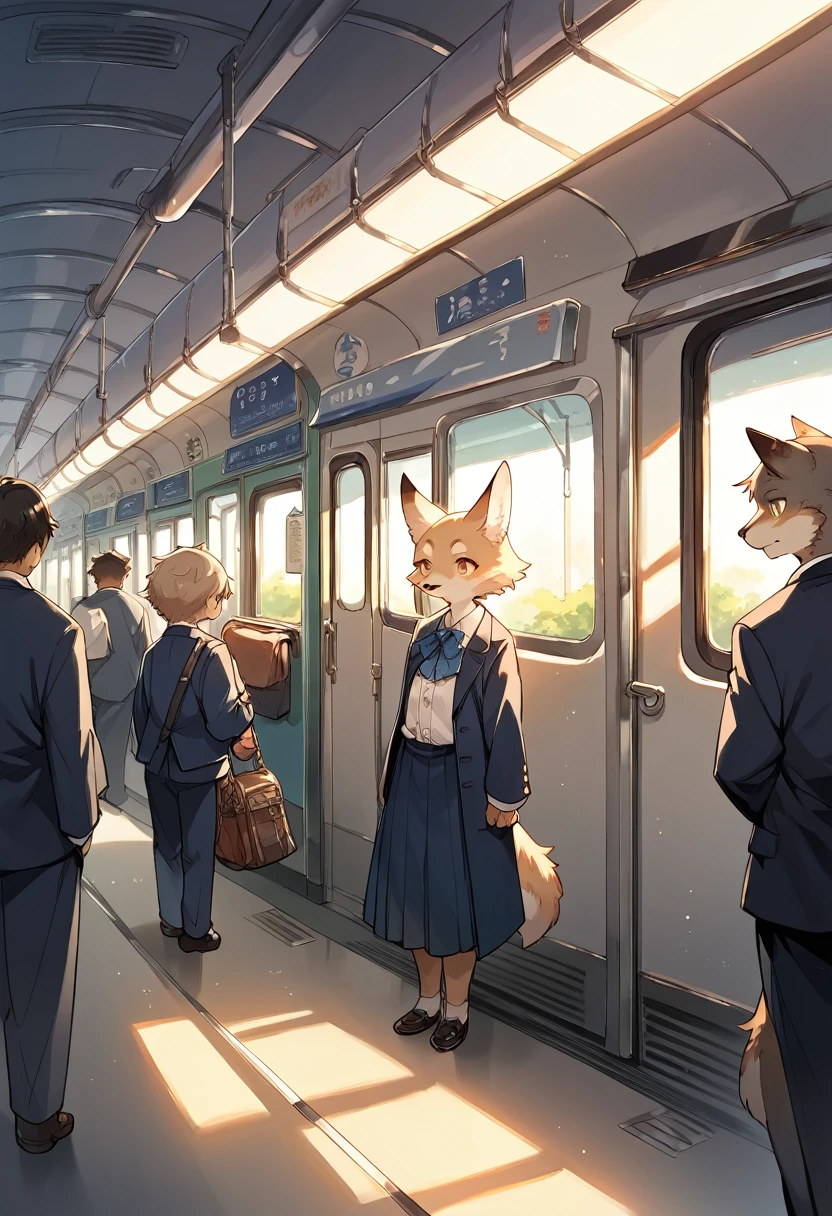 rating_safe, score_9, score_8_up, score_7_up, score_6_up, score_5_up, score_4_up, hires, source_furry(kemono, boy, girl)station, train, salary, suits, evening, perfect anatomy, good lighting,