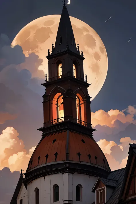 a bell tower and a tower seen from below, clouds, red enamel moon surrounded by white, night sky clouds near the moon, village, ...