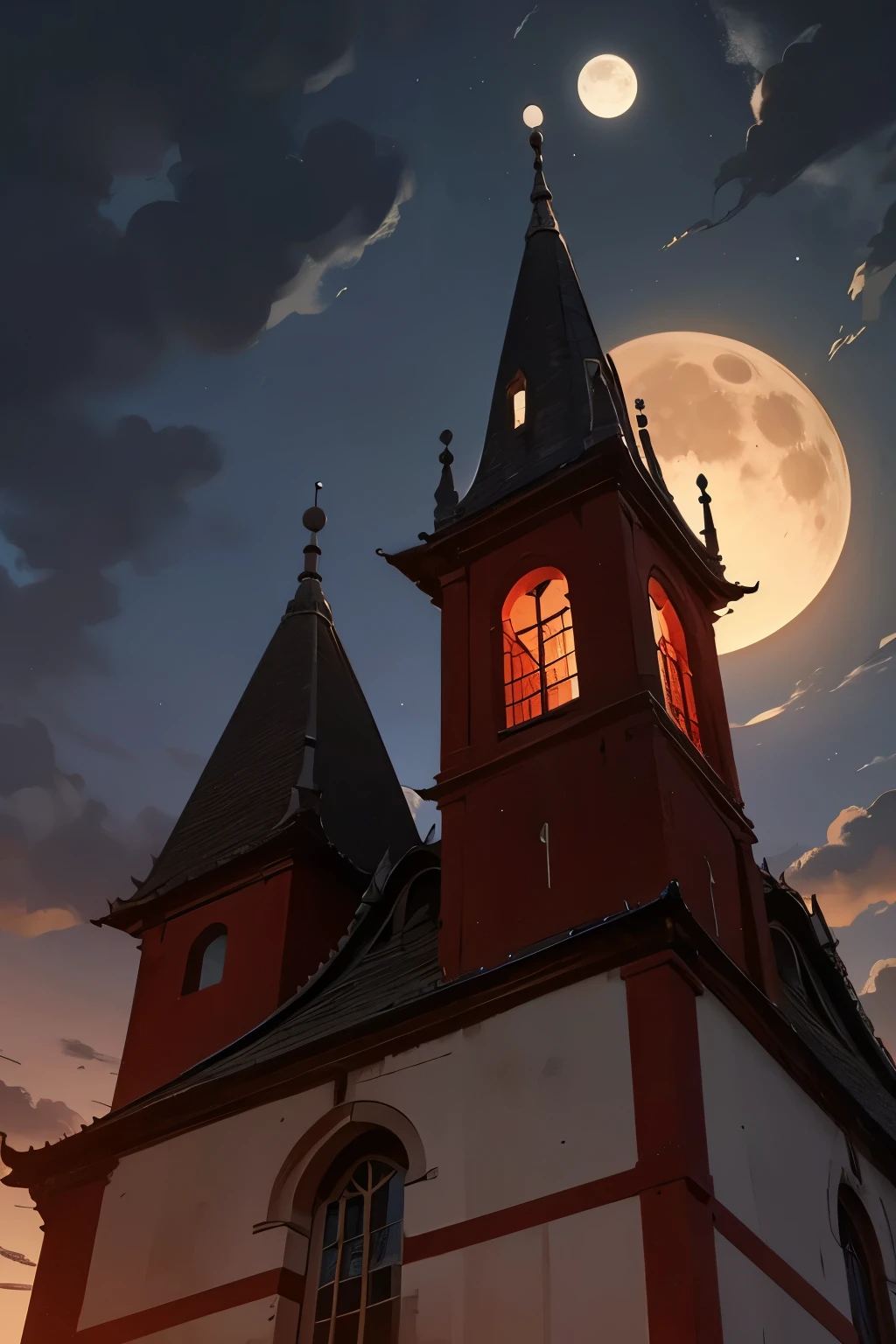 a bell tower and a tower seen from below, clouds, red enamel moon surrounded by white, night sky clouds near the moon, village, night, surreal atmosphere.
