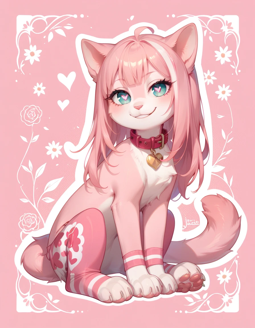 (score_9, score_8_up), score_7_up, score_6_up, best quality, highest quality, (feral), cat, furry, anthro, sitting, solo, official style, feline, animal, (body fur), (Pink body, Pink skin, pink fur), eyelashes, eyeliner, (pink hair, dark pink hair, streaked hair), long hair, animal ears, expressive eyes, beautiful eyes, smirk, thin tail, (heart pupils, heart in eyes), collar, pink stockings, paws, uncensored, detailed background, jizoku