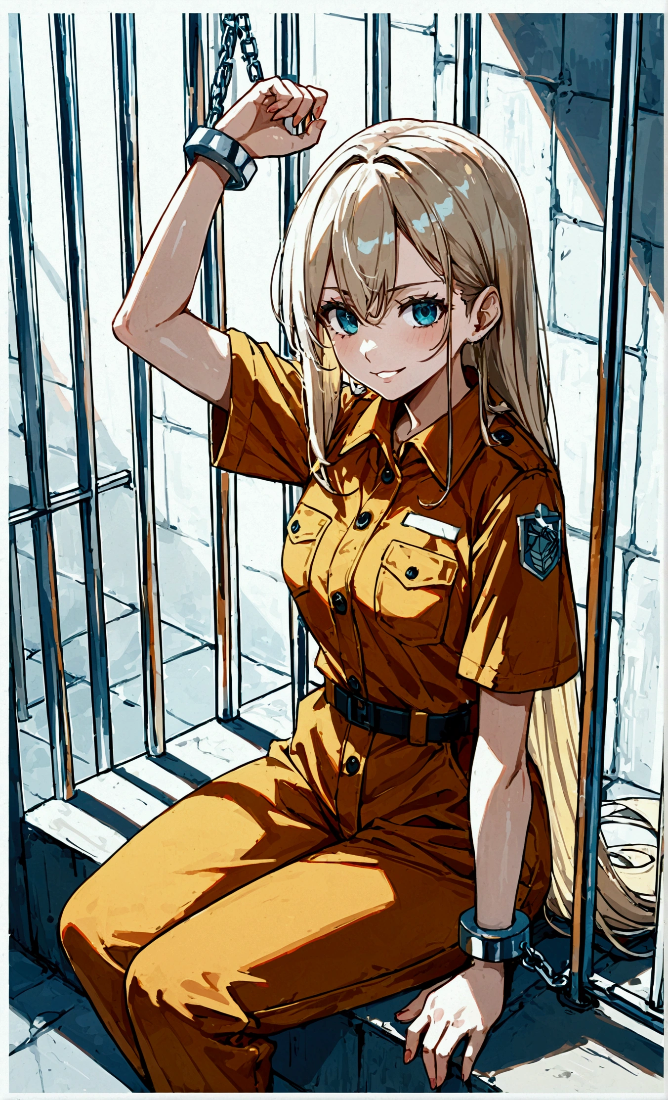 Girl in uniform sitting on a windowsill with a cell phone, in prison, in prison, in a prison cell, Sitting in a prison, female protagonist :8, Queen in the Glass Prison, prisoner, (sfw) safe to work, wearing a prison jumpsuit, Aus Attack on Titan, Anya from the Spy X Family, wearing an orange prison jumpsuit