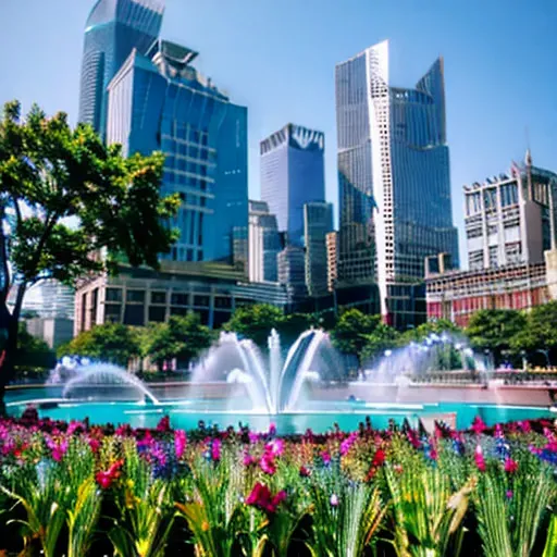 blue sky、a colorful flower bed、the water of the fountain sparkles in the sunlight.。.。skyscrapers in the background、very detailed...