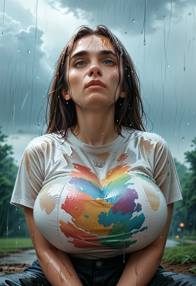 (1 girl) (masterpiece, best quality) woman in a colorful graphic designer t shirt sitting on a dock, , ,  , stormy dark sky, raining, , extreme detail on face (fantasy oil painting)
(), large forehead, large dark eyebrows, large nose, wide chin
(Breasts covering entire torso)
normalized chounyuu ((safe for work:1.3) ((huge breasts covered by shirt)),  by norman Rockwell, 