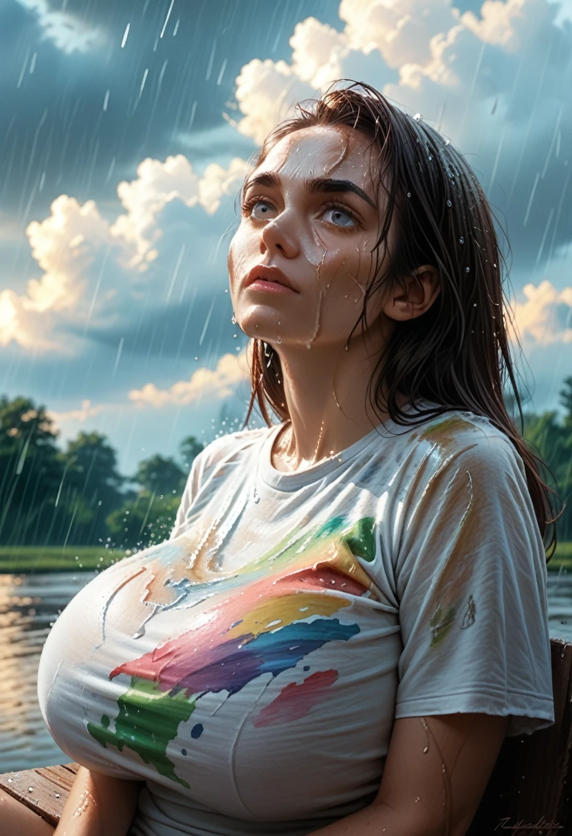 (1 girl) (masterpiece, best quality) woman in a colorful graphic designer t shirt sitting on a dock, , ,  , stormy dark sky, raining, , extreme detail on face (fantasy oil painting)
(), large forehead, large dark eyebrows, large nose, wide chin
(Breasts covering entire torso)
normalized chounyuu ((safe for work:1.3) ((huge breasts covered by shirt)),  by norman Rockwell, 