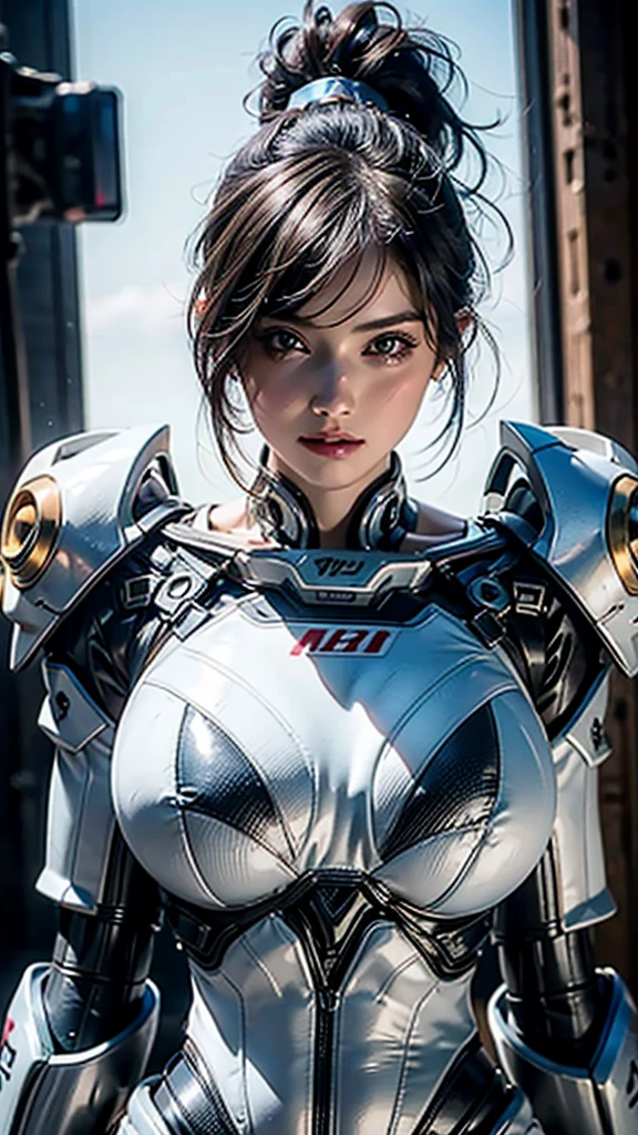 ((Beautiful Face:1.2)), Half Body,masterpiece, Highest quality, Ultra-realistic, Ultra-detailed, 8k resolution, RAW Photos, Sharp focus, (One person), alone, Gorgeous face, Perfect body, Mature Woman, Age 25,  Portraiture, Mecha, White Armor, Nanosuit, sexy, ponytail, Cinematic, Cinematic light, Large Breasts