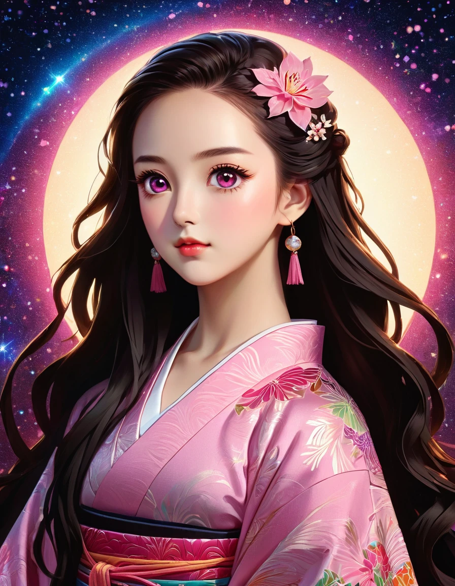 (masterpiece, best quality:1.2), Embossed paper, Solitary，Black LightNezuko from demon slayer. a young woman with long dark hair, (pink eyes), beautiful detailed eyes, beautiful detailed lips, extremely detailed face, longeyelashes, wearing a pink kimono, (best quality,4k,8k,highres,masterpiece:1.2),ultra-detailed,(realistic,photorealistic,photo-realistic:1.37),digital painting,exquisite detail,intricate details,highly detailed,vivid colors,warm lighting,cinematic lighting,dramatic lighting, iridescence, dramatic angle, space, (floating colorful sparkles:1.3), Dramatic Lighting, Chiaroscuro, Evocative Depth, Face Portrait, Close up, ulzzang, (looking at viewer), 
